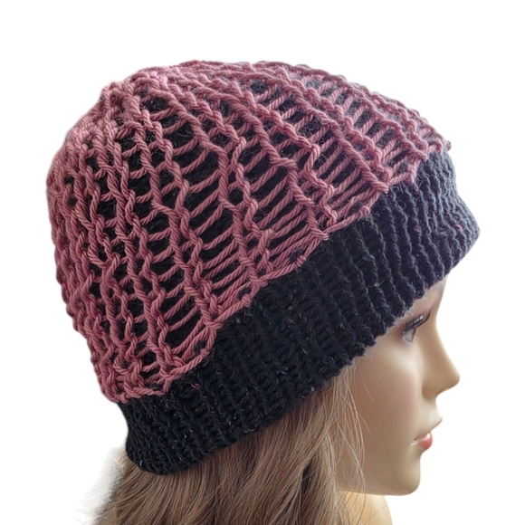 Handmade knitted beanie toque knit mesh overlay vegan leather tag slight slouch - Picture 2 of 6